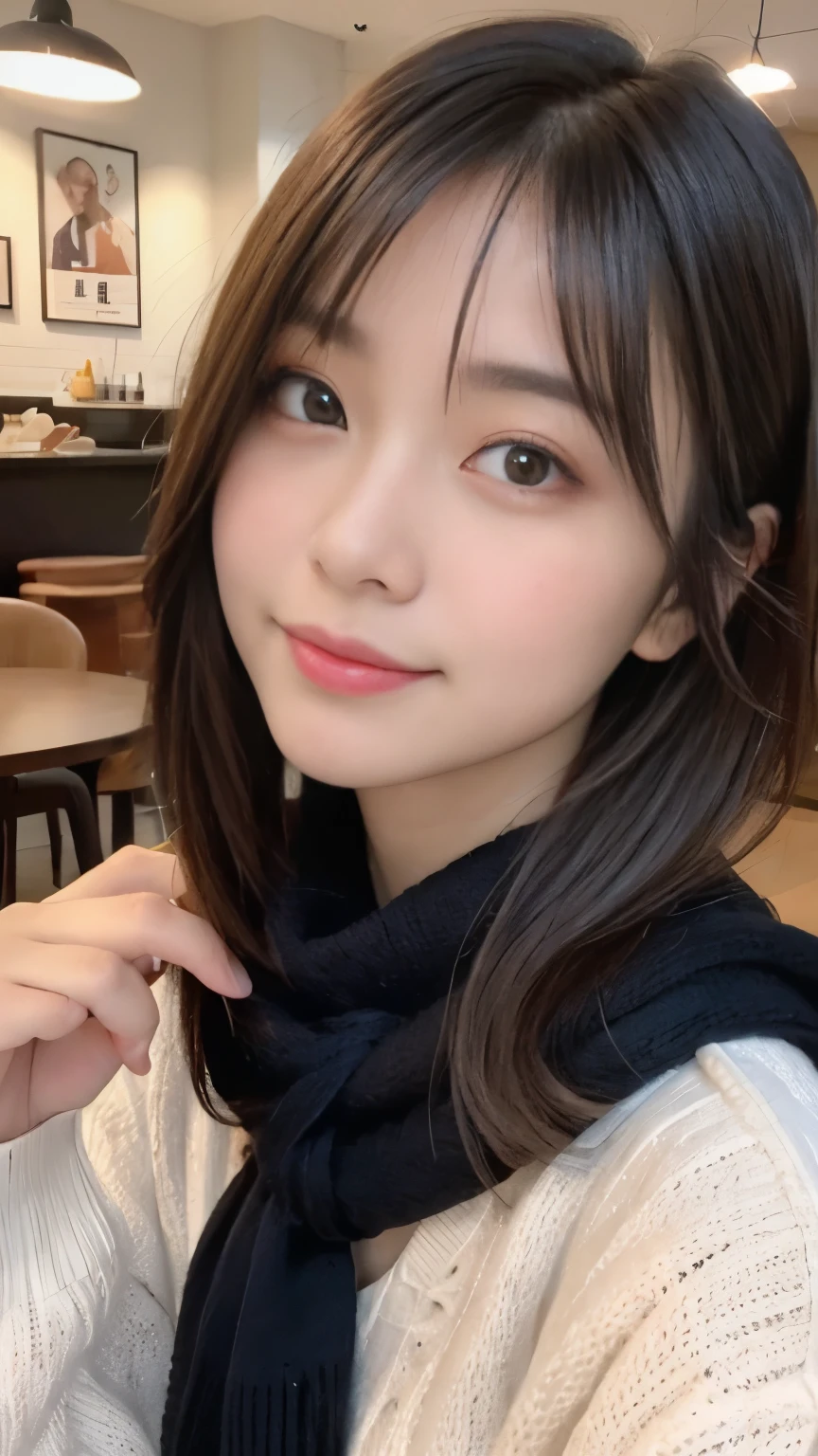 highest quality、disorganized、super detailed、finely、High resolution、8k wallpaper、perfect dynamic composition、beautiful and fine eyes、Gorgeous knit Korean winter clothes、medium hair、bangs big breasts、Scarf、natural color lip、bold sexy pose、smile、Cafe、Japanese、 girl、cute、sexy shot looking at camera、Always blur the background、perfect and beautiful face,Take only the face、beautiful and detailed face、slim face and style