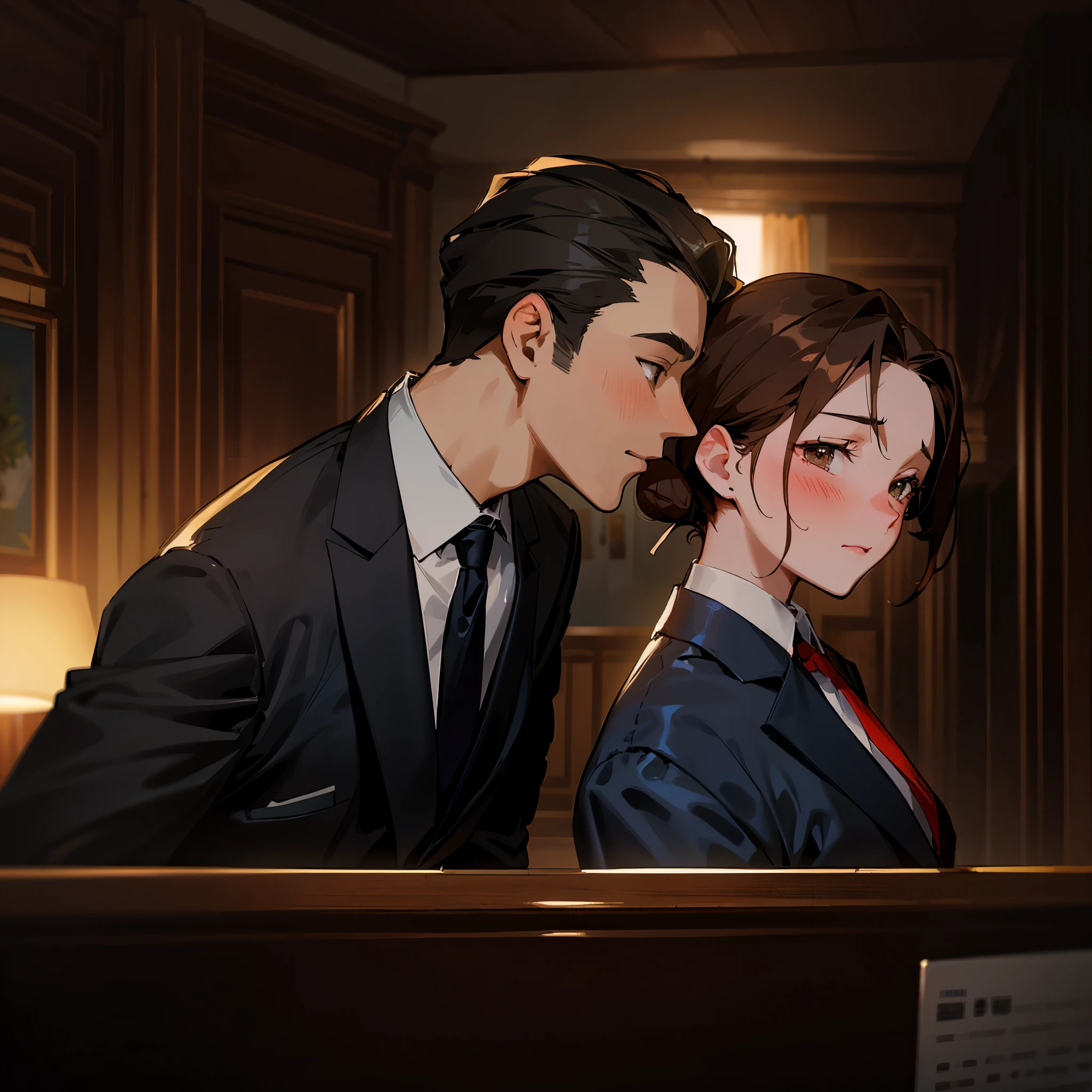 (a man and woman are dressed for business), the woman's hair is pinned back, 1girl, 1boy, necktie, brown hair, (blush:1.2), formal, suit, , black hair.hotel.whisper. chingnon