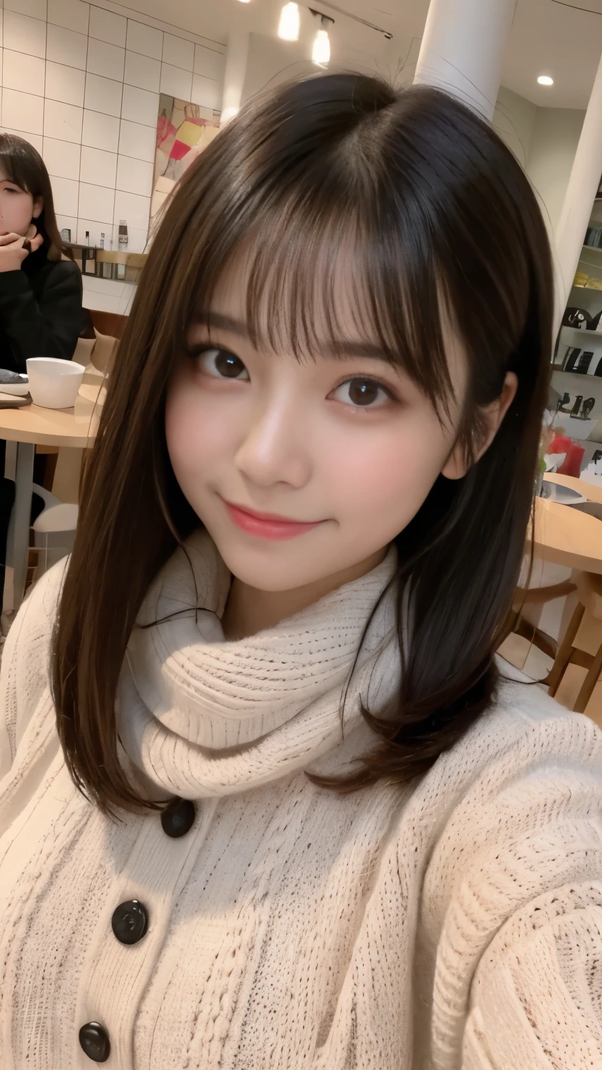 highest quality、disorganized、super detailed、finely、High resolution、8k wallpaper、perfect dynamic composition、beautiful and fine eyes、Gorgeous knit Korean winter clothes、medium hair、bangs big breasts、Scarf、natural color lip、bold sexy pose、smile、Cafe、Japanese、15 year old girl、cute、sexy shot looking at camera、Always blur the background、perfect and beautiful face,Take only the face、beautiful and detailed face、slim face and style