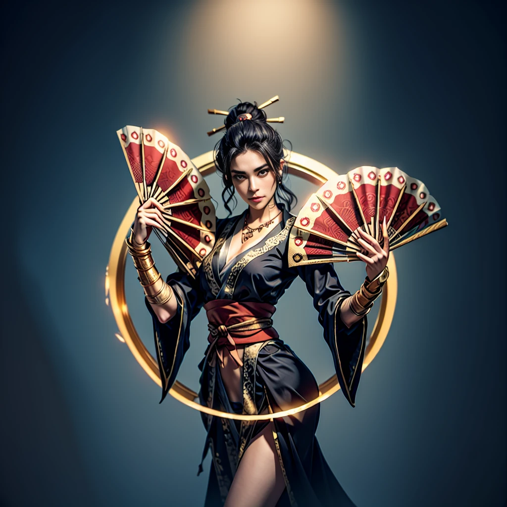 Queen, beautiful, necklace, black hair in 1 top knot,2 hair pins,sexy, design on clothes,milf,design on clothes,milf,form fitting kimono type clothes,plain kimono, red-mehroon fans, gold patterns,high quality,8k, slight smile, villainess , bandaged hands, red kimono:1.4, red black outfit with gold highlights, blank background 