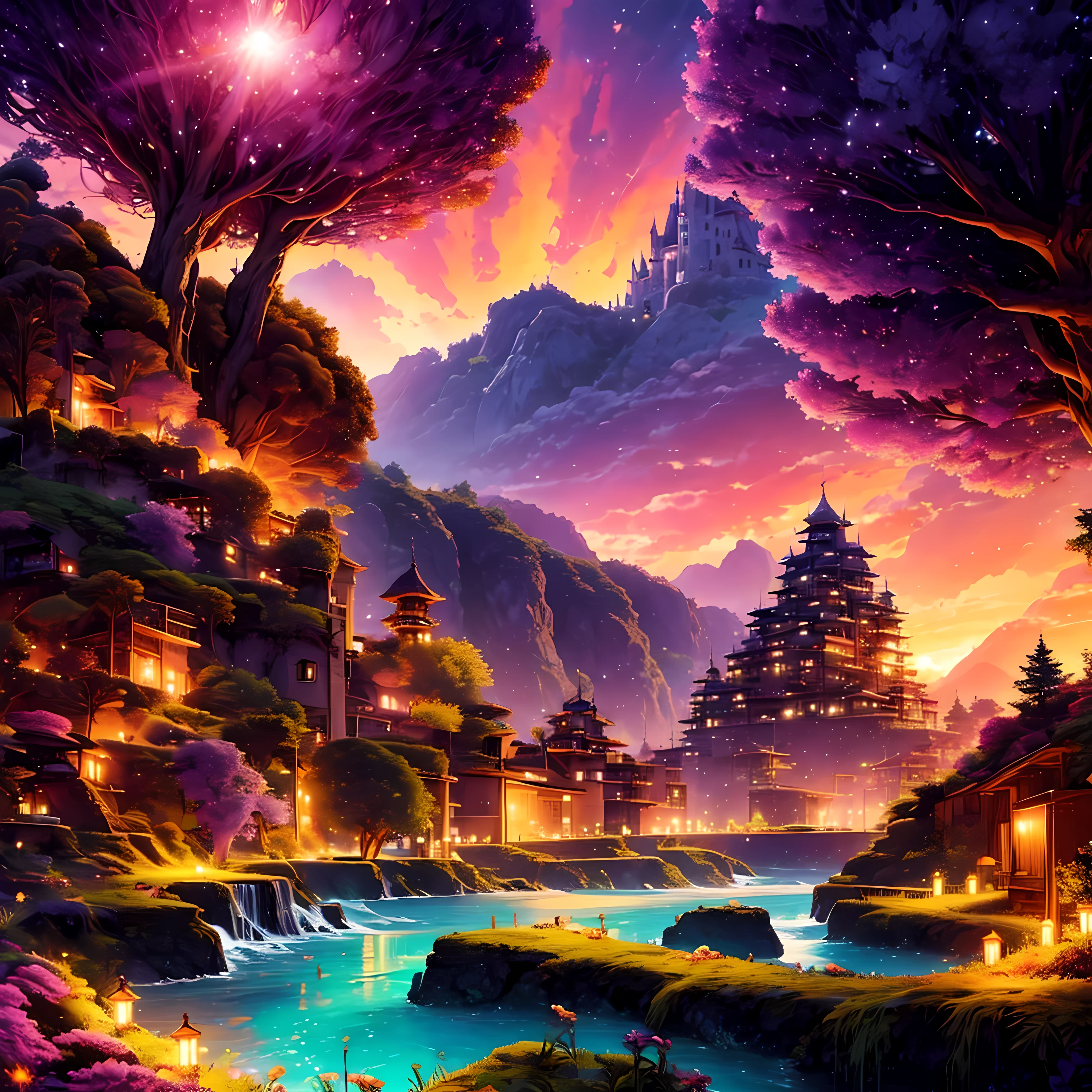 Fantasy meadow, tree with purple leaves, sunset, glowing light particles in the leaves, river, anime, colorful, village, japan, castle