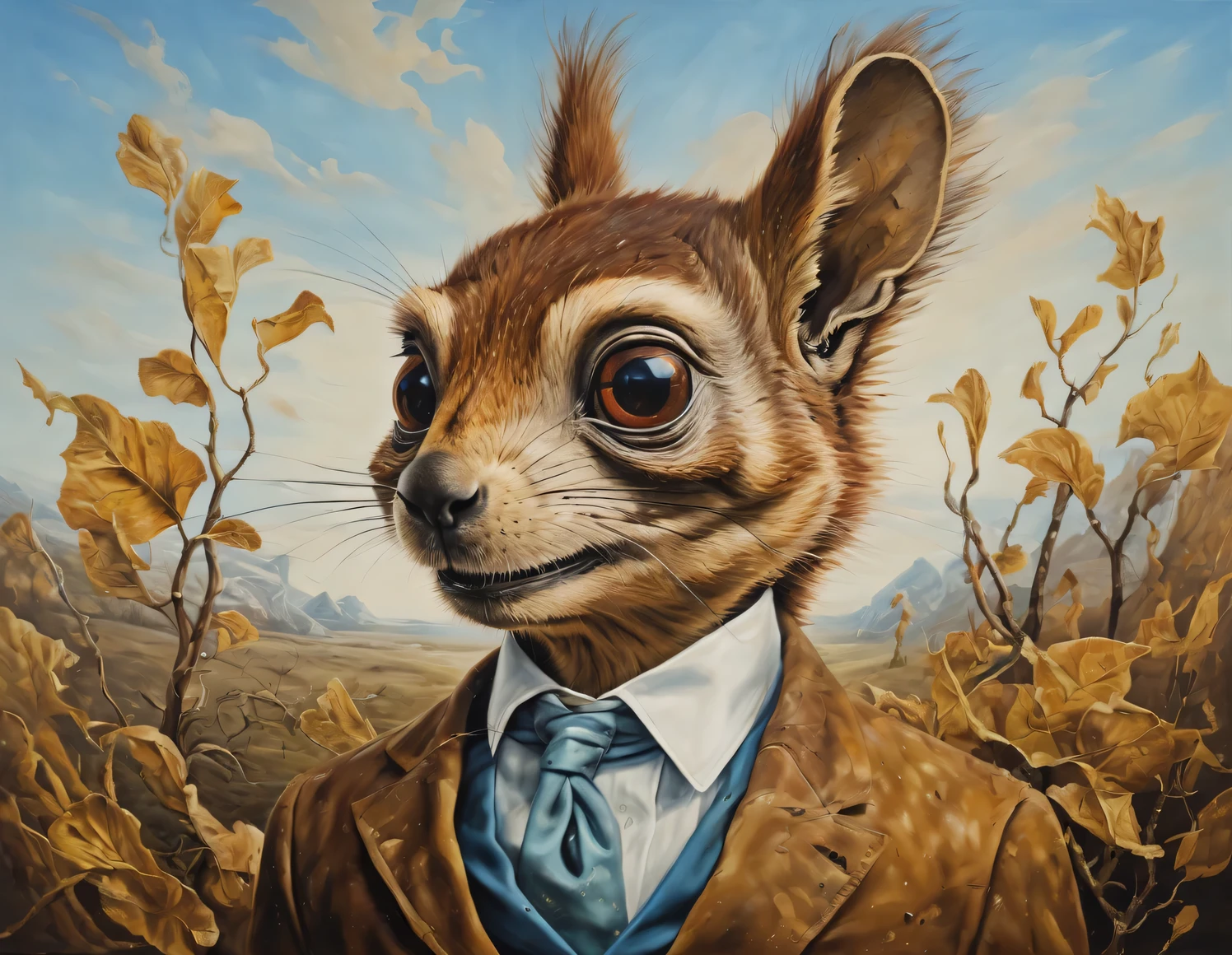 Oil painting in the style of Salvador Dali., I'm big, I'm a squirrel, full compliance with the style of Salvador Dali, high detail, oil painting on canvas