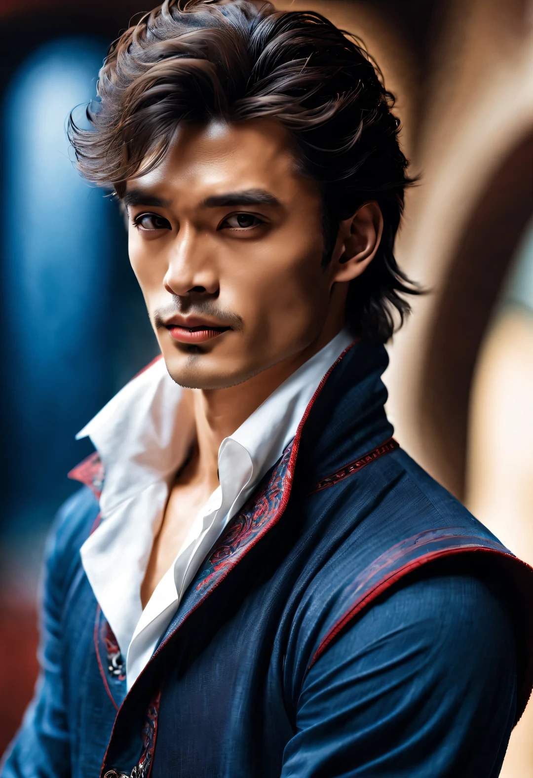(male character design),(Half-length close-up),(Melancholy Chinese handsome guy Pan Ander wears a famous watch),(very long, Messy shawl hair:1.1)(Pan An wears blue jeans, modern and fashionable:0.8),(Toned muscles),(Fresh and toned abs),(Pan An’s skin is fair and flawless)Delicious food with red lips and white teeth,The bridge of his nose is high and straight,double eyelids, bright eyes, Clear, bright, big eyes),long eyelashes,gentle melancholy,He has a tall stature、Fit in size,Exquisite facial features,sad prince,Kingly style,Noble temperament,Inspired by actress Audrey Hepburn