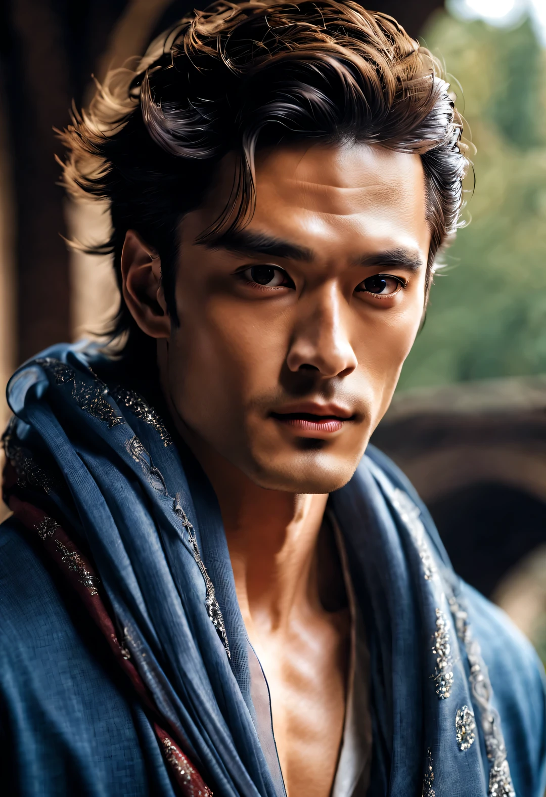 (male character design),(Half-length close-up),(Melancholy Chinese handsome guy Pan Ander wears a famous watch),(very long, Messy shawl hair:1.1)(Pan An wears blue jeans, modern and fashionable:0.8),(Toned muscles),(Fresh and toned abs),(Pan An’s skin is fair and flawless)Delicious food with red lips and white teeth,The bridge of his nose is high and straight,double eyelids, bright eyes, Clear, bright, big eyes),long eyelashes,gentle melancholy,He has a tall stature、Fit in size,Exquisite facial features,sad prince,Kingly style,Noble temperament,Inspired by actress Audrey Hepburn