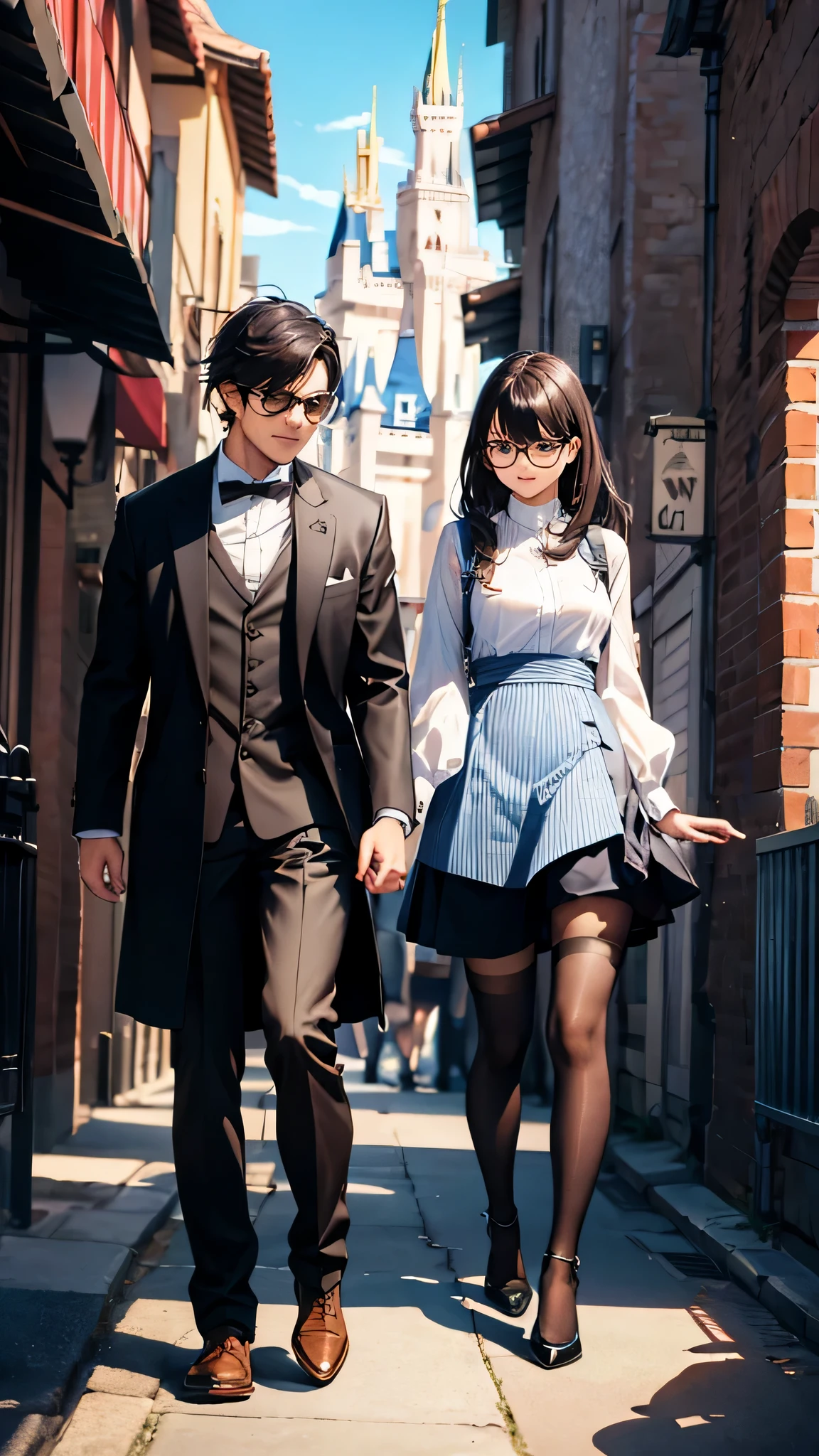 A man and a woman both wear modern clothes.,Ordinary skirt worn by women,black stockings,The background is Disney Castle