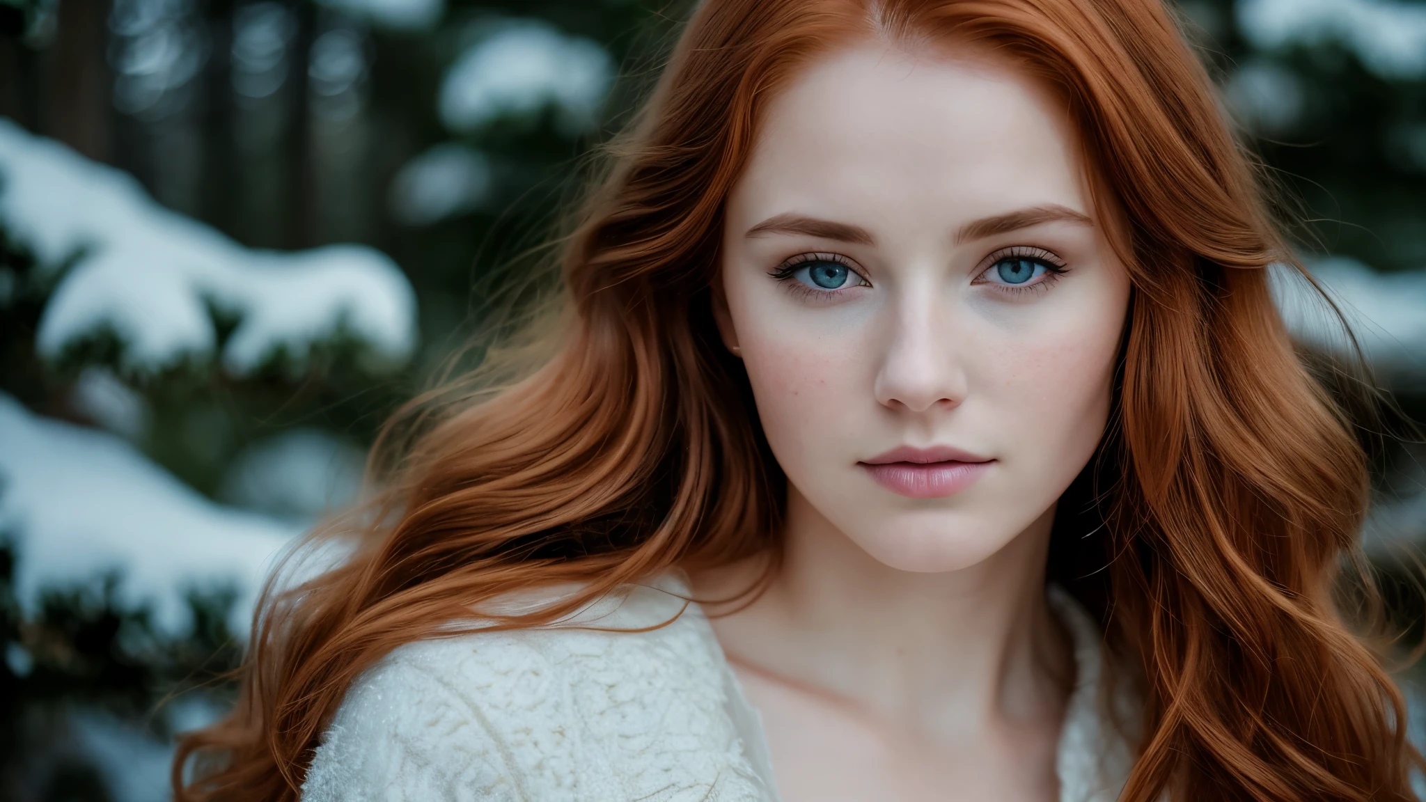 close up of a european woman, ginger hair, winter forest, natural skin texture, 24mm, 4k textures, soft cinematic light, RAW photo, photorealism, photorealistic, intricate, elegant, highly detailed, sharp focus, ((((cinematic look)))), soothing tones, insane details, intricate details, hyperdetailed, low contrast, soft cinematic light, dim colors, exposure blend, hdr, faded