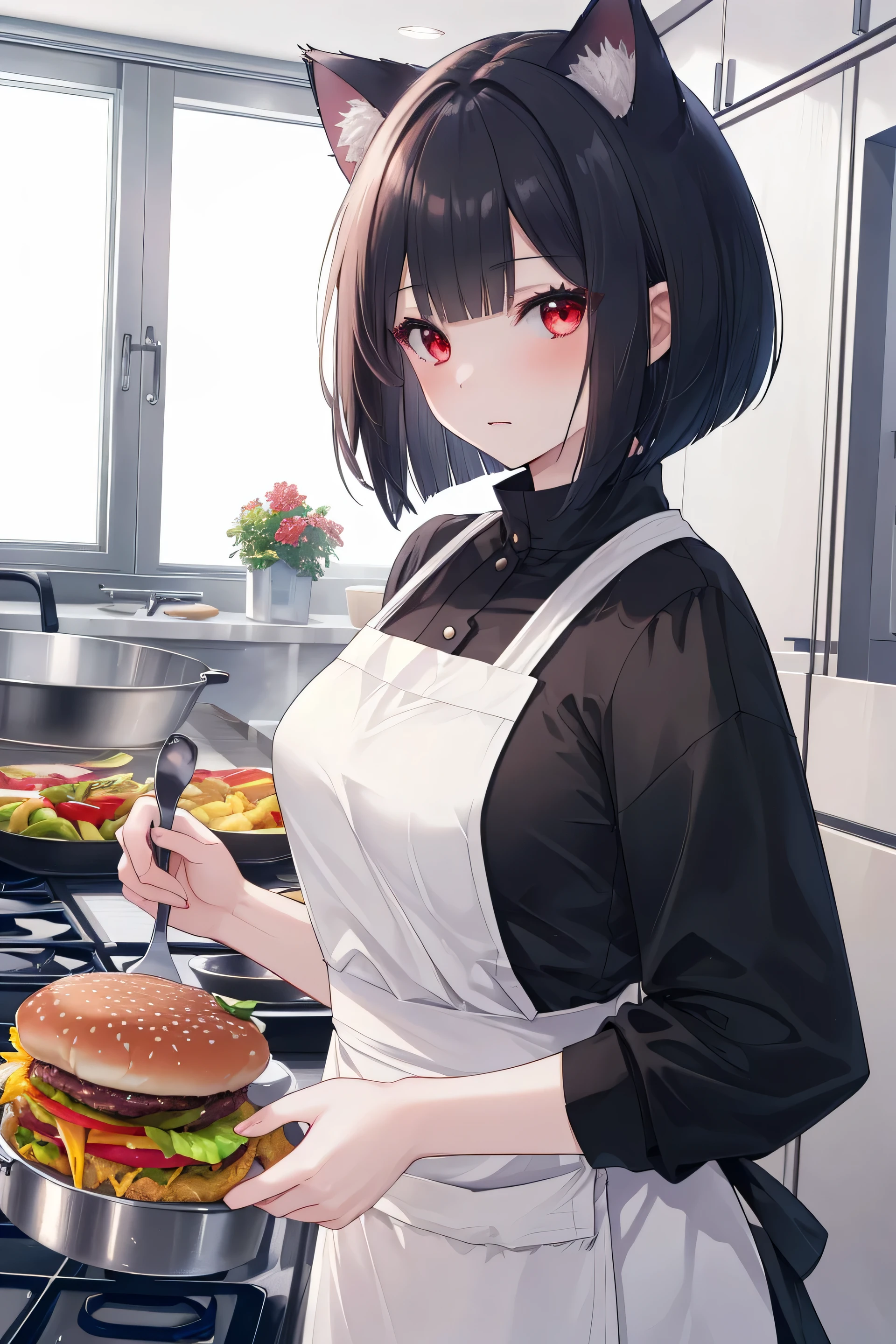((masterpiece, highest quality, 8K, High resolution:1.3)), 1 girl, Cat ear, white skin, medium breasts, pointed chest, red eyes, black hair color, bob cut, cook style clothing, cooking, cafeteria kitchen, fantasy, hamburgers,