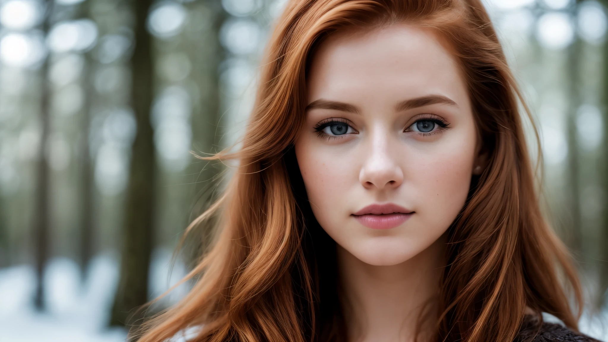 close up of a european woman, ginger hair, winter forest, natural skin texture, 24mm, 4k textures, soft cinematic light, RAW photo, photorealism, photorealistic, intricate, elegant, highly detailed, sharp focus, ((((cinematic look)))), soothing tones, insane details, intricate details, hyperdetailed, low contrast, soft cinematic light, dim colors, exposure blend, hdr, faded