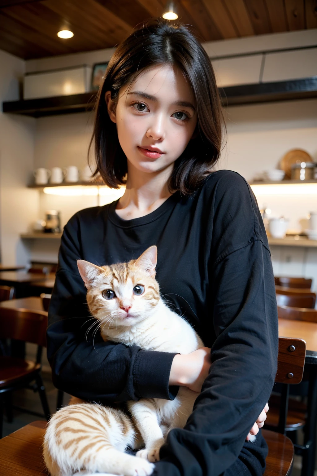 ((best quality)), ((masterpiece)), (detailed), Background in café，Girl holding cute cat，long sleeve work