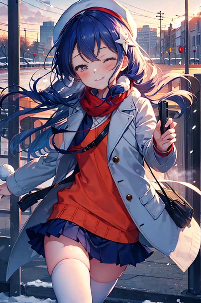 highest quality, masterpiece, High resolution, alone, {Sonoda_Ocean_lovelive:1.15}, 青hair，長いhair，後ろhairを丸く纏めてる，knit hat， 黄色eye, blush, 前hair, hair_between_eye, smile, hair_ornament, 1 girl,mouth is closed,smile, viewer,  upper_body, blue coat,red orange sweater,gray muffler,white mini skirt,Blue tights,white short boots,In town、walking,winter、It&#39;s snowing,evening