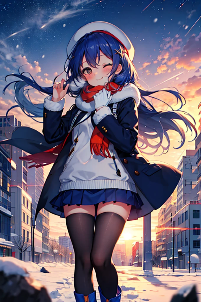 highest quality, masterpiece, High resolution, alone, {Sonoda_Ocean_lovelive:1.15}, 青hair，長いhair，後ろhairを丸く纏めてる，knit hat， 黄色eye, blush, 前hair, hair_between_eye, smile, hair_ornament, 1 girl,mouth is closed,smile, viewer,  upper_body, blue coat,red orange sweater,gray muffler,white mini skirt,Blue tights,white short boots,In town、walking,winter、It&#39;s snowing,evening