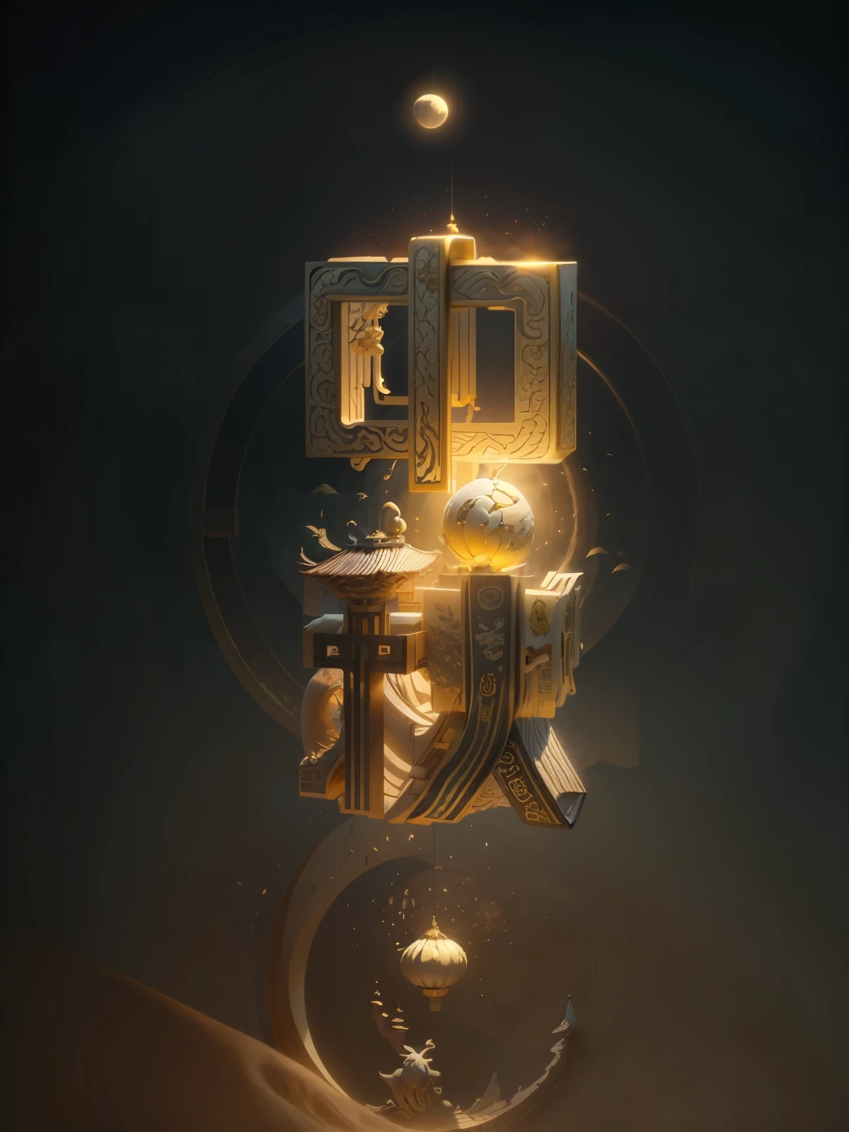 (golden chinese garden),Moon cake,full moon,Golden Tree,rabbit,flight,Dream,floating islands in the sky,mythical creatures,cascading waterfall,Artifact light effect,masterpiece,Super exquisite,three-dimensional,super rich,Super detailed,32k,All around are magnificent,Mid-Autumn Festival,magnificent background