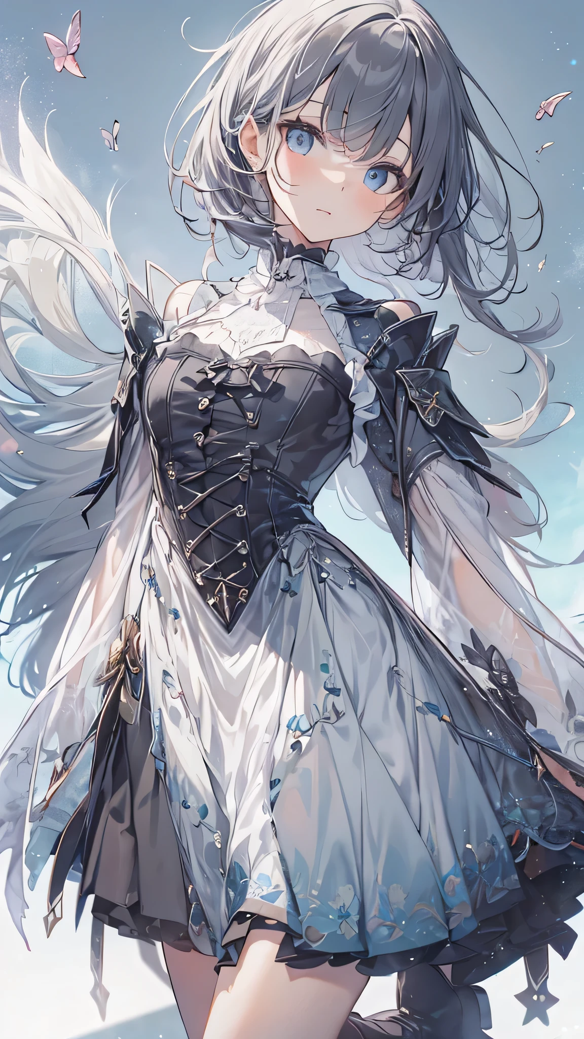 (pieces fly, highest quality, ultra high resolution),1 girl,suit , beautiful and detailed face, fine eyes,((Gray and Blue theme)),((whole body)),perfect eyes、no background,white background,((wearing black boots)),((Cute fluffy white dress)),Isshiki、model、beautiful thin legs、slender body,スーパーmodel