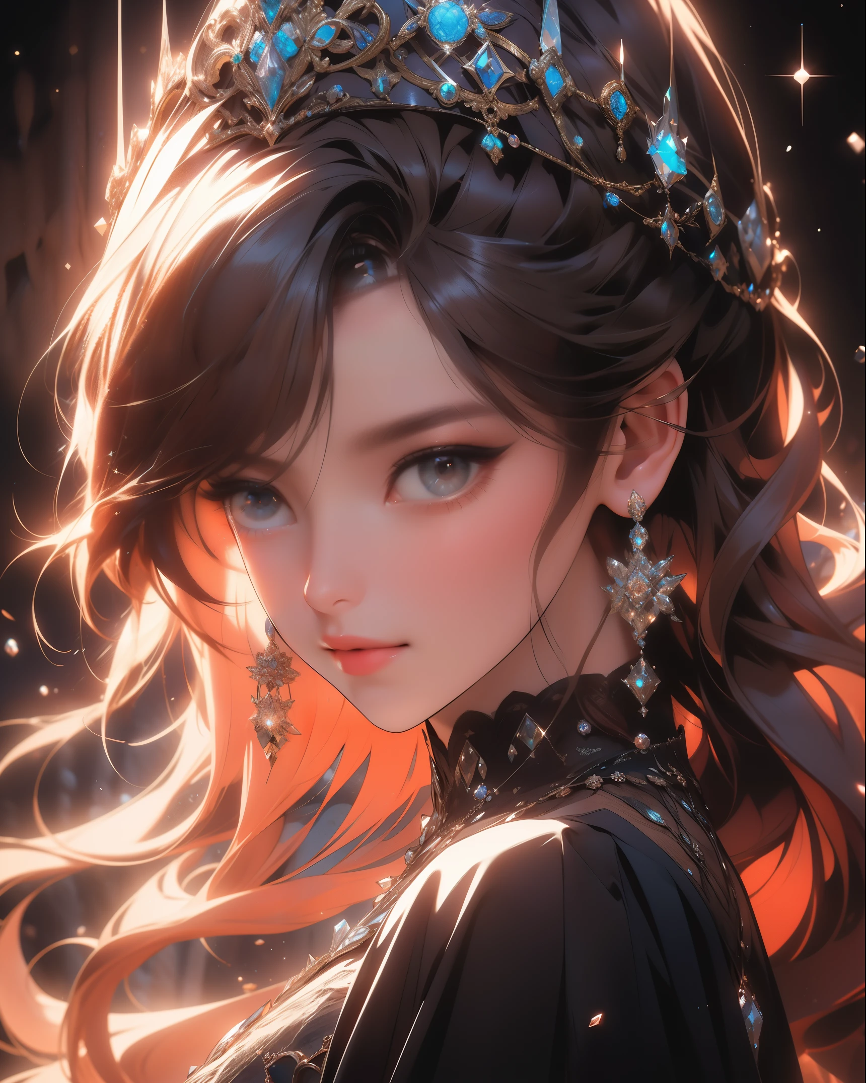 (absurdres, highres, ultra detailed), 1woman, mature female, aged up, wavy long hair, auburn hair, coral eyes, bangs, long sleeves, finely detailed eyes and detailed face, extremely detailed CG unity 8k wallpaper, intricate details, (style-swirlmagic:1.0), looking at viewer, solo, upper body, detailed background, close up, detailed face, (gothic dark ages theme:1.1), crystal sorcerer, dynamic pose, earth themed clothes, crystal crown, floating in the air, glowing magical shards, surrounded by blue magical crystals, rock formations, stalactites, magical floating particles, crystal glass, crystal sphere, crystal canyon background, (shallow water:0.7), epic ethereal atmosphere, updraft,, portrait