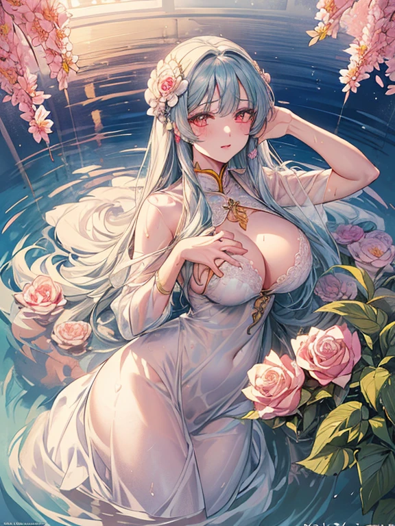 ((top quality)),(ultra high resolution),(Super detailed),(detailed description),((the most picturesque works of art),super precision art,amazing art of depiction,fantasy art:1.5, ((綺麗なおflower々:1.8)), (flowerに侵食された体:1.3),(glamorous body:1.5),fancy background effects、masterpiece、fancy details、(NSFW 1.1), ((1 female)), ((muste piece)), ((extremely detailed:1.3)), ((Beautiful woman entering the lake in crystal clear water)), ((long beautiful hair)), wet hair, wearing a transparent dress, Bathing clothed, (水に浮かぶバラのflowerびら:1.5), (early morning light), ivory gold AI, windows, crepuscular lighting, (very huge boobs)、pink nipples、pink areola，Transparent pink areola、((Transparent pure white wedding dress that shows your skin))、Arranged,intimate, rose garden、colorful roses、lake with floating roses、Lying down、soak in water、wet body、ゴージャスなflowerの装飾、大きなflowerいっぱい、Stylish Hairstyles、solo, water play, flowerいっぱいの髪飾り, flower々, sky porn,Pure white dress that becomes transparent when wet, shines wet with water、(muste piece),(Highly detailed CG Unity 8K wallpaper),best quality,cinematic lighting,detailed background,beautiful detailed eyes,bright pupils, (very delicate and beautiful),(Beautiful and detailed eyes),((muste piece)),(red eyes)