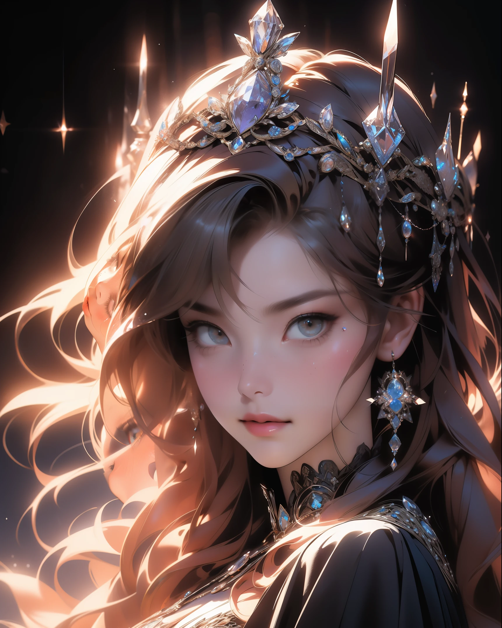 (absurdres, highres, ultra detailed), 1woman, mature female, aged up, wavy long hair, auburn hair, coral eyes, bangs, long sleeves, finely detailed eyes and detailed face, extremely detailed CG unity 8k wallpaper, intricate details, (style-swirlmagic:1.0),  looking at viewer, solo, upper body, detailed background, close up,  detailed face, (gothic dark ages theme:1.1), crystal sorcerer,  dynamic pose, earth themed clothes, crystal crown,  floating in the air, glowing magical shards, surrounded by blue magical crystals,  rock formations, stalactites,  magical floating particles, crystal glass,  crystal sphere, crystal canyon background, (shallow water:0.7),  epic ethereal atmosphere,   updraft,, portrait