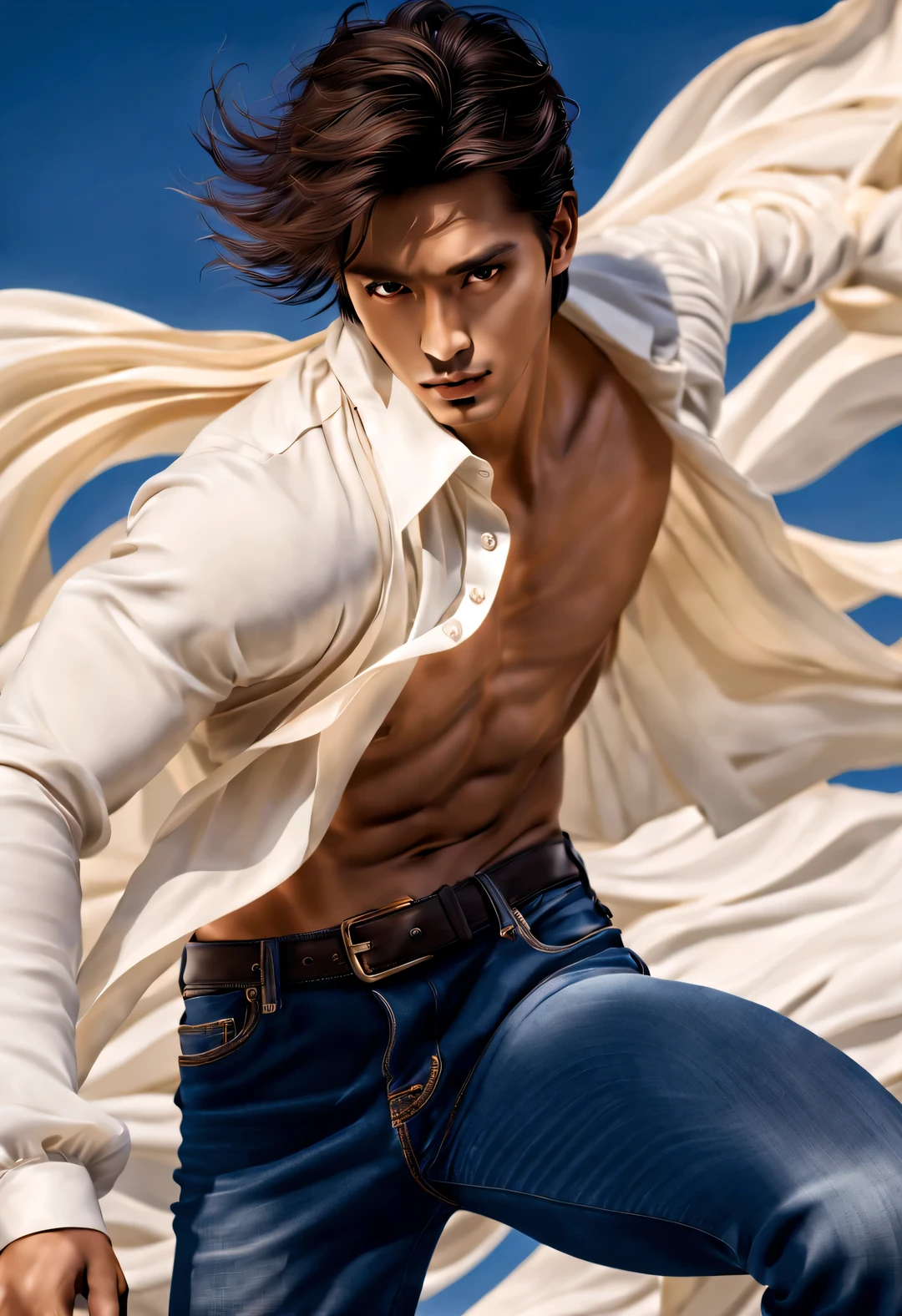 (male character design),(Half-length close-up),(Melancholy and handsome Chinese man Pan An holds milk tea),(very long, Messy shawl hair:1.1)(Pan An wears blue jeans, modern and fashionable:0.8),(Toned muscles),(Fresh and toned abs),(Pan An’s skin is fair and flawless)Delicious food with red lips and white teeth,The bridge of his nose is high and straight,double eyelids, bright eyes, Clear, bright, big eyes),long eyelashes,gentle melancholy,He has a tall stature、Fit in size,Exquisite facial features,sad prince,Kingly style,Noble temperament,Inspired by actress Audrey Hepburn