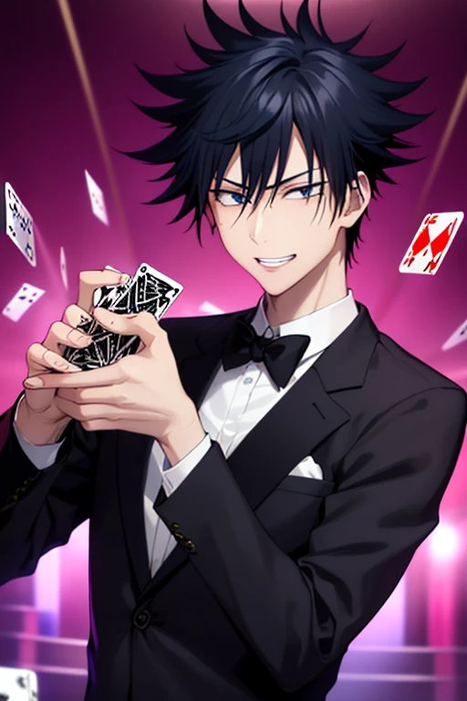 muste piece, best quality, high quality, 1 boy, solo, black suit,smile、male focus, Looking at Viewer, upper body whole body, Fushiguro_Megumi, black hair, spike hair, eyes are black,Big eyes(((Black tuxedo,セクシーなblack suit,Please give me a playing card,high class casino,colorful lighting,)))Background Nightclub,flashy lighting,Spotlight,beautiful hands