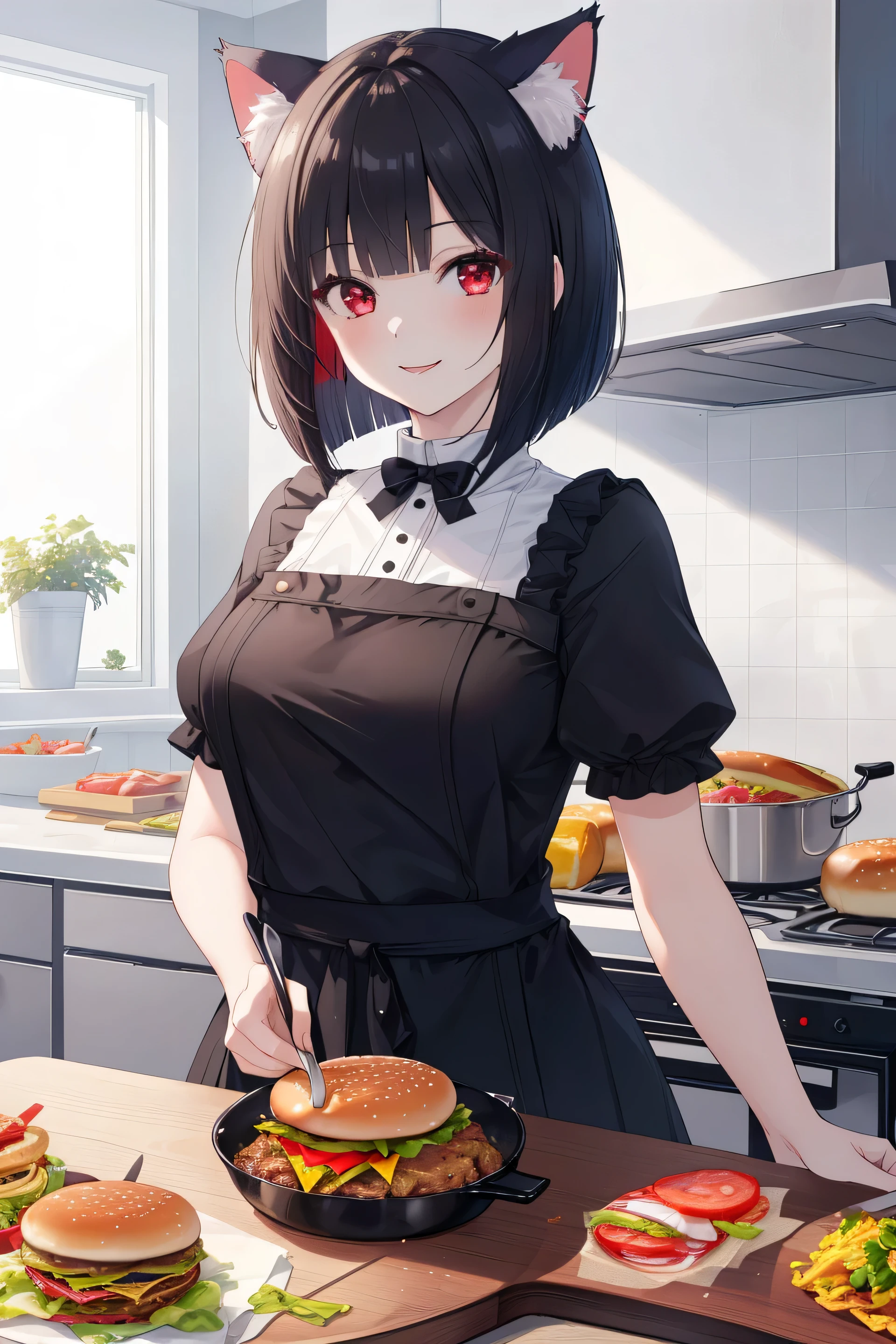 ((masterpiece, highest quality, 8K, High resolution:1.3)), 1 girl, Cat ear, white skin, medium breasts, pointed chest, red eyes, black hair color, bob cut, cook style clothing, cooking, hamburgers shop kitchen, hamburgers, big smile, sunlight, cooking hat,