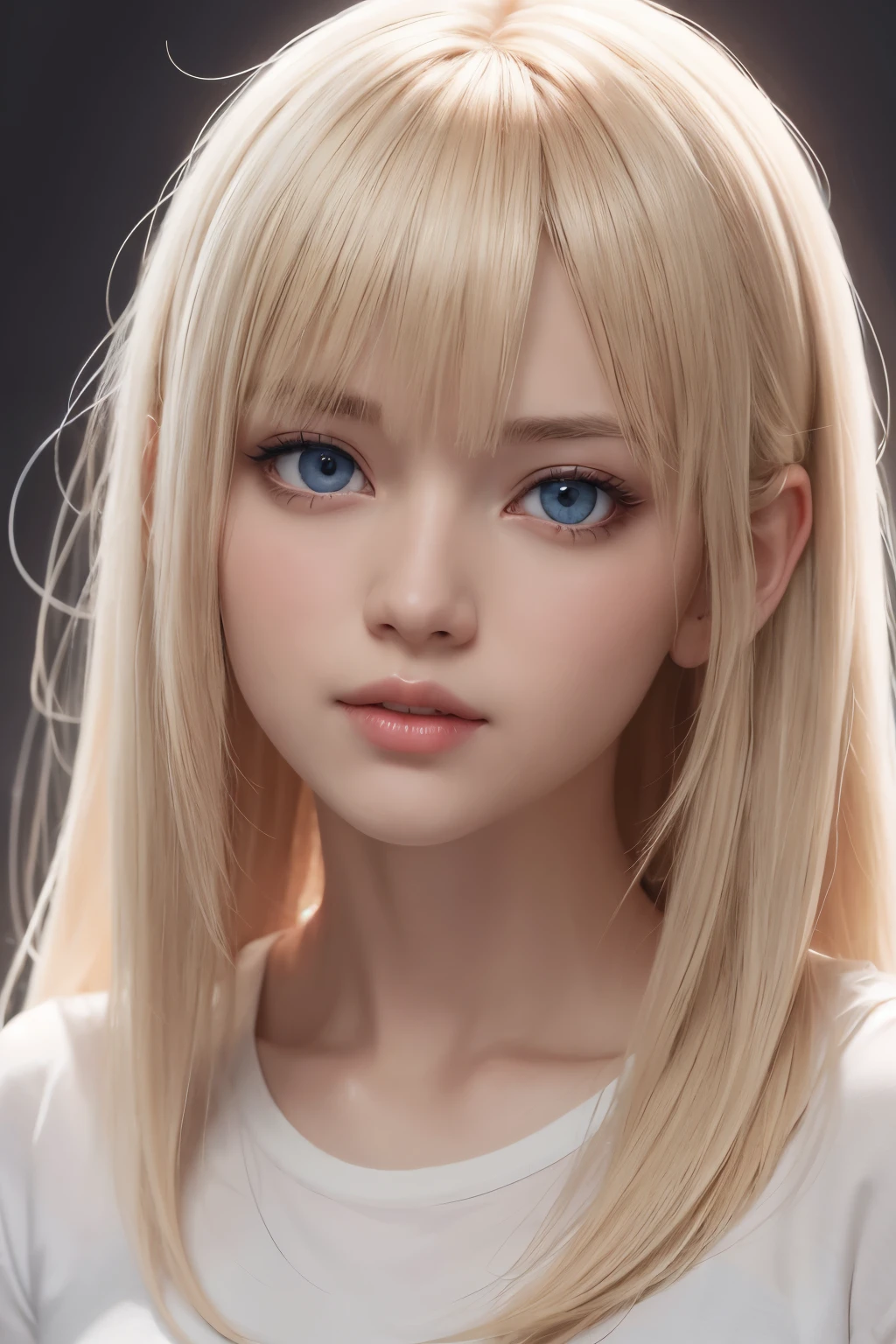 1girl, star eye, blush, perfect illumination, blonde hair, red eyes, white t-shirt, short sleeve t-shirt, unreal engine, sidelighting, detailed face, bangs, bright skin, simple background, dark background,