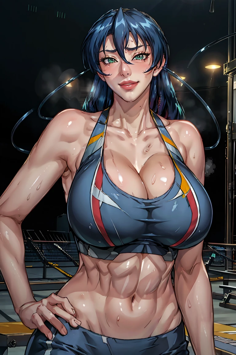 masterpiece, best quality, asagi, 1girl, breasts, solo, sweat, sports bra, large breasts, cleavage, navel, midriff, smile, abs, toned, looking at viewer, hand on hip, blush, huge breasts, blue hair, long hair, bangs, hair between eyes, green eyes