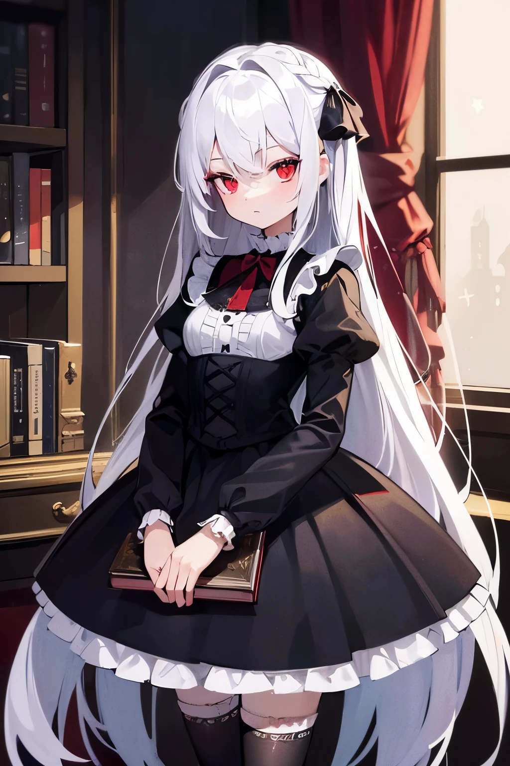 (masterpiece), (((highest quality)), (super detailed), 1 girl, ((red eyes)), detailed eyes, white hair, long hair, gothic clothes, black dress, frills, white stockings, ((night)), indoors, dark room, ((dark)), shadows, books, bed, arms behind back, looking_at_viewer, Top Quality, Rich Detail, Perfect Image Quality, calm, dark lighting, midnight, moon, stars, gothic, black hair ribbons