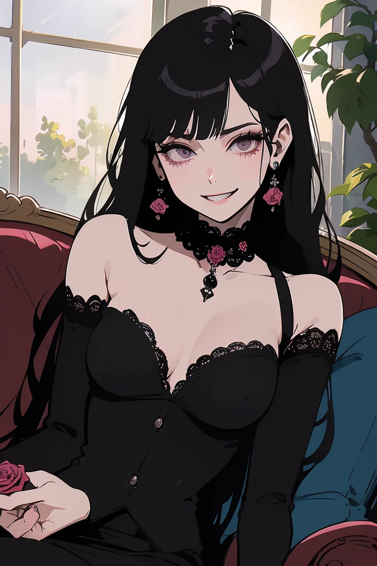 (masutepiece, Digital Art, Digital Illustration, 4K, 8K, Ultra-detailed, beautiful image, Sharp Image, Photorealistic, Raw photo, Perfect face, Perfect lines, Perfect eyes, Soft lighting) ,1 woman, (Black hair,straight haired,Bullish gaze,Beautie,ellegance,Solid makeup,23 y-o woman:1.3), small tits, Show white teeth and smile(embarrassed from,Shy smile:1.1), BREAK Antique furnishings,Antique Clamps,Antique chair,chandeliers,Crystal Glass,Luxury,fantastical light,Marble fireplace,(embarrassed from,Shy smile,Bouquet of pink roses:1.2),Antique sofa,Leather sofa,