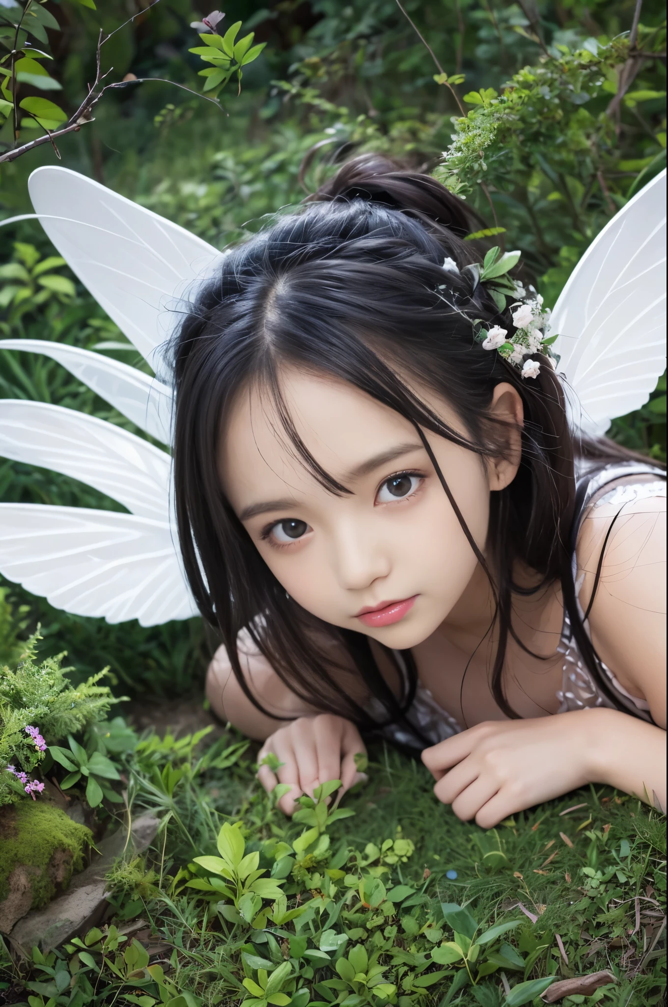 (8K、Live shooting、realistic:1.25)、1 girl、A fairy like a girl with a beautiful face.、Floating in the air and looking down from above、buckshot、fairy wings are transparent、shy smile、whole body、luminous costume、lip gloss、Glossy skin、highest quality、ultra high resolution、