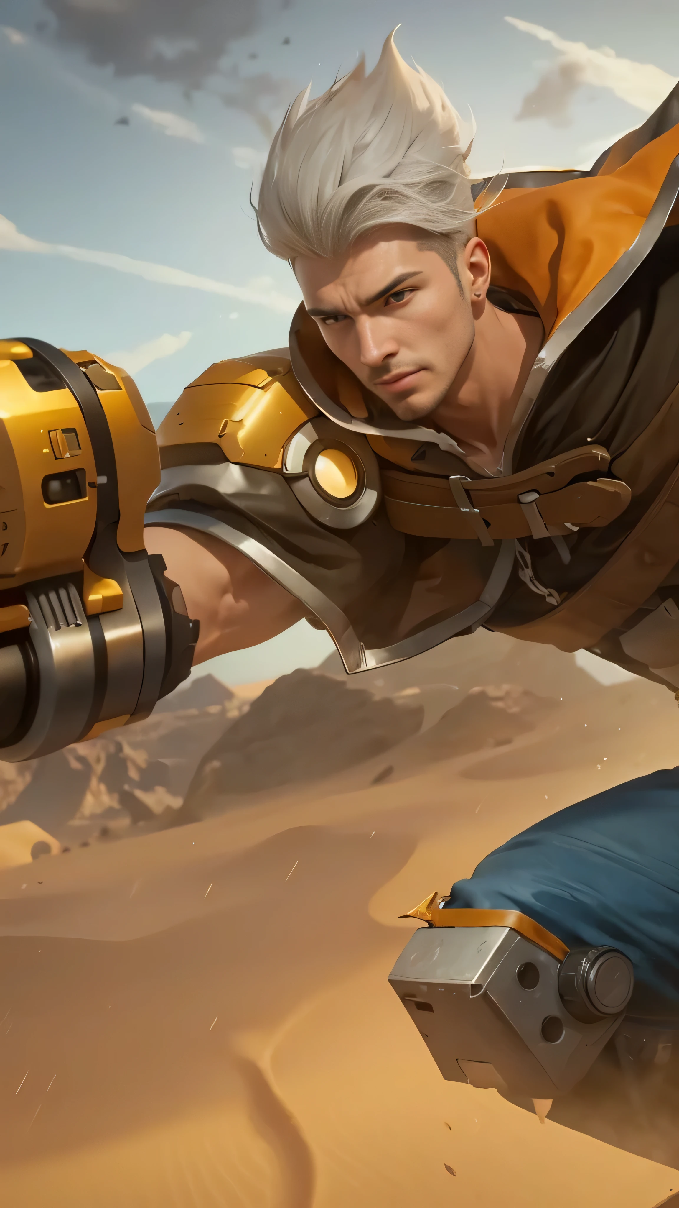 male focus, 8k, highly detailed, a man with a gun over the desert, splash art