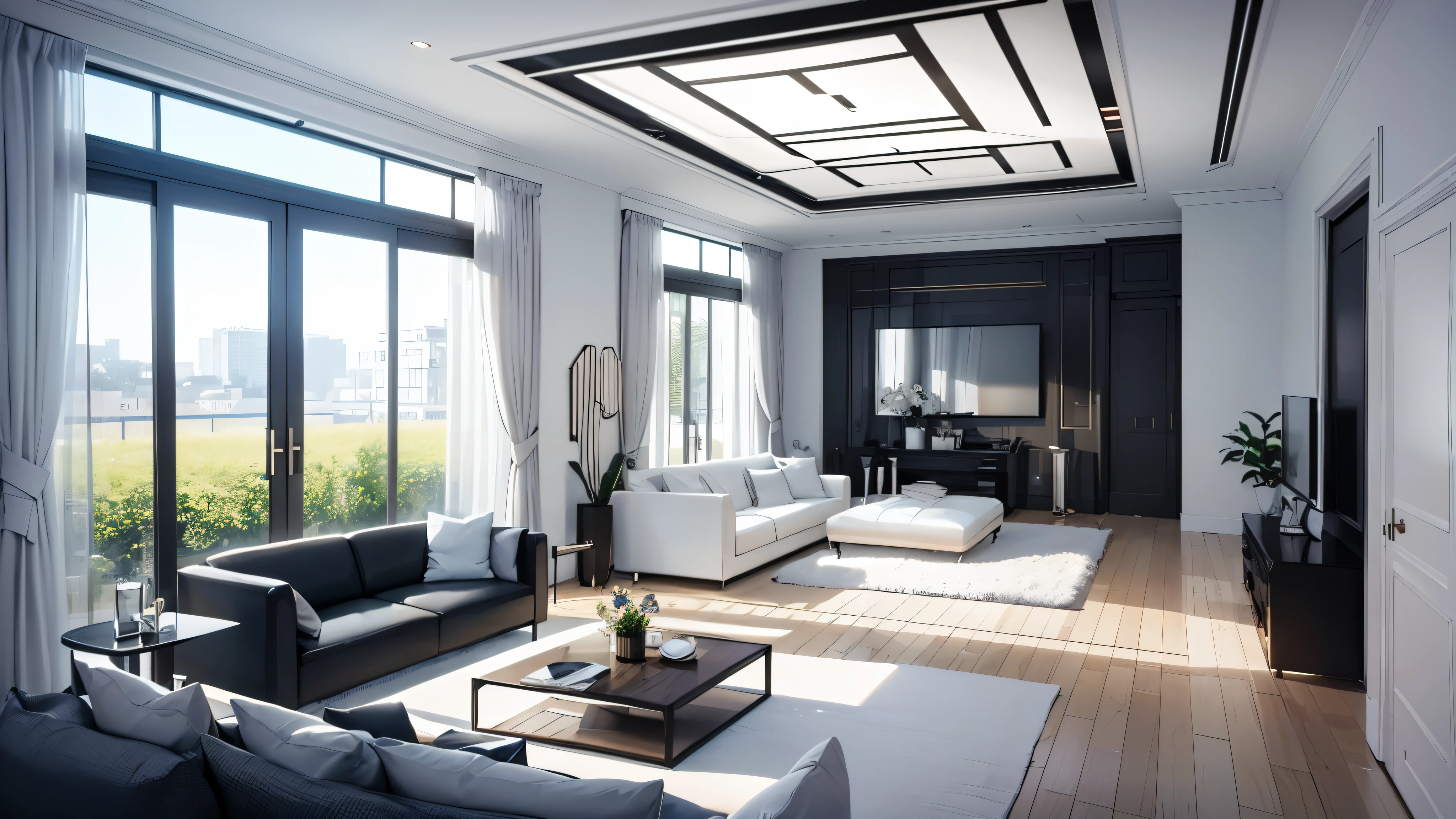 You are a famous interior designer、You have been asked to create a 3D image of a modern large room. Create a harmonious environment with modern and minimalist furniture. Including garden interior.