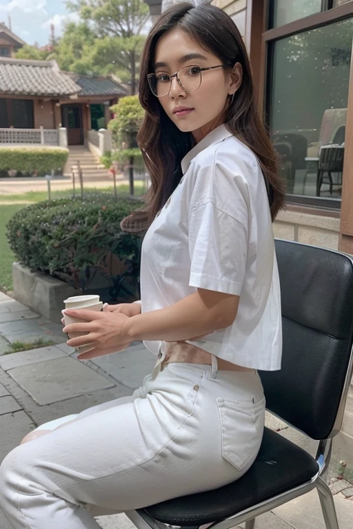 Exposing huge valleys)、((a Boy sitting on chair with leg cross and hold a cup of coffee and only his face facing towards the viewer))、(Asian Look), ((View from side)), ((wearing white looses shirt and black looses pants))、((at the front yard))、()、nikon RAW photo、16 K、FujifilmXT3、​masterpiece、top-quality、realisitic、Photorealistic、ultra-detailliert、extra detailed face、独奏、1Boy in、High-end makeup products、 and a stylish expression on his face、 korean face 、(FULL BODYSHOT) , pretty , , (wide angle view) , round glasses