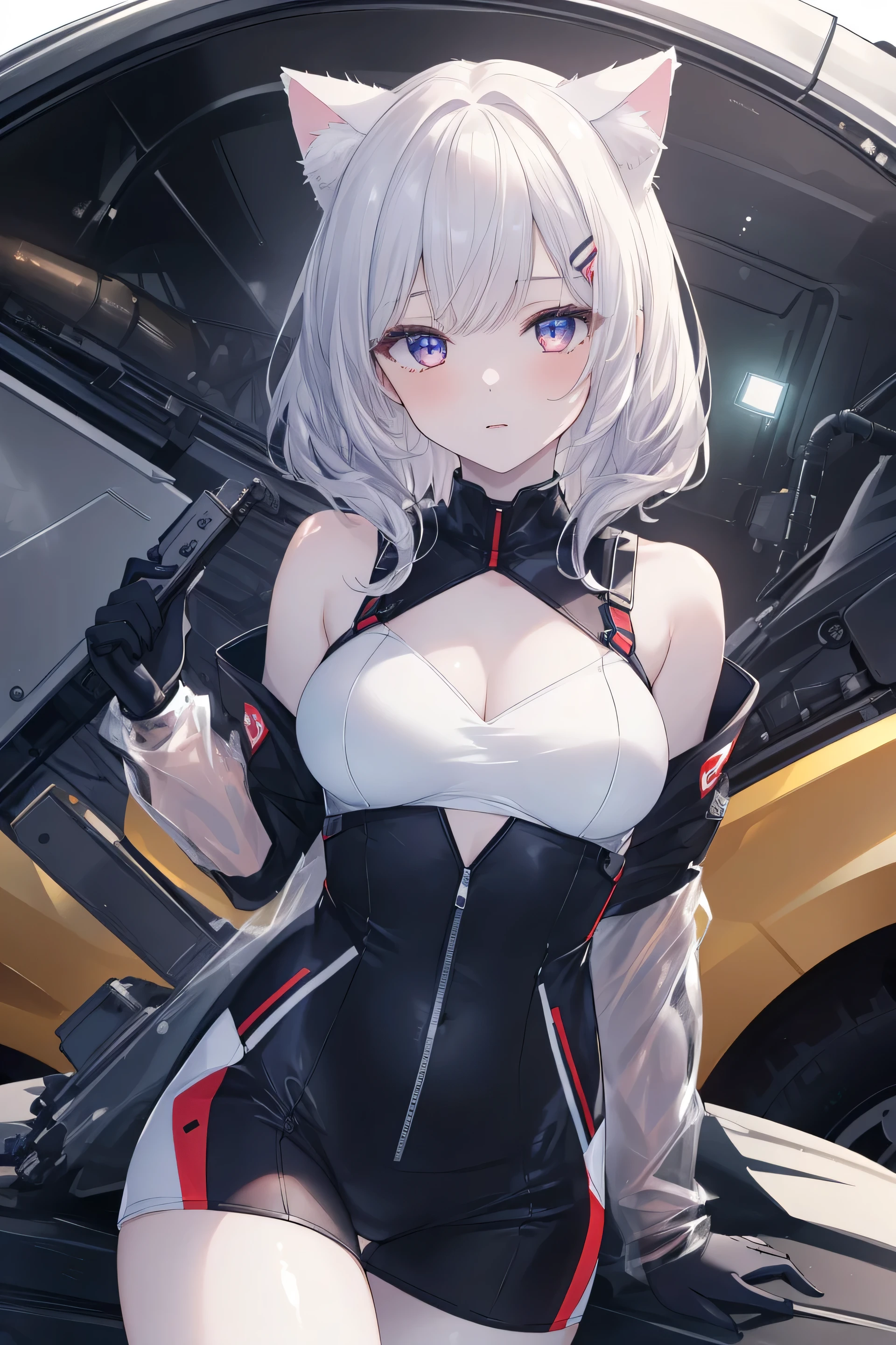 ((masterpiece, highest quality, 8K, High resolution:1.3)), 1 girl, Cat ear, white skin, medium breasts, pointed chest, android, Mechanic Girl, robot wildlife sanctuary, clean face,