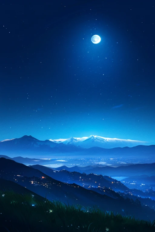 The moon is bright and full of stars. The mountain peaks in the distance are clearly visible. The green grass below is tall and swaying in the wind.