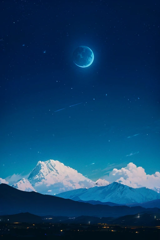 The moon is bright and full of stars. The mountain peaks in the distance are clearly visible. The green grass below is tall and swaying in the wind.