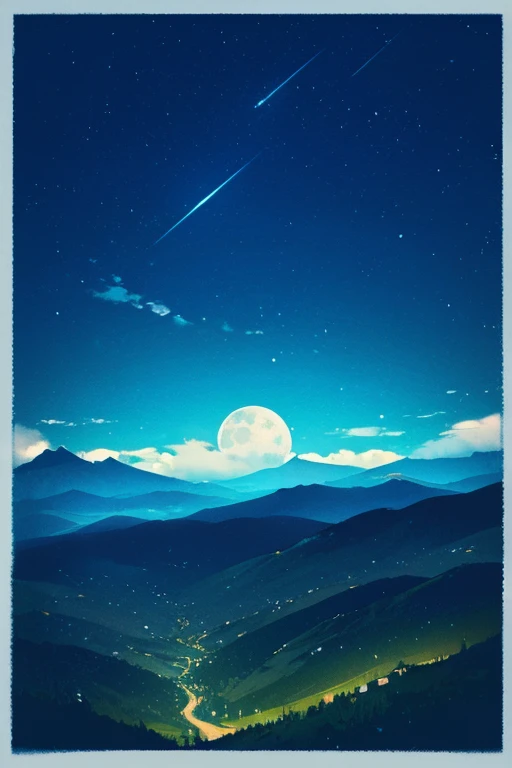 The moon is bright and full of stars. The mountain peaks in the distance are clearly visible. The green grass below is tall and swaying in the wind.