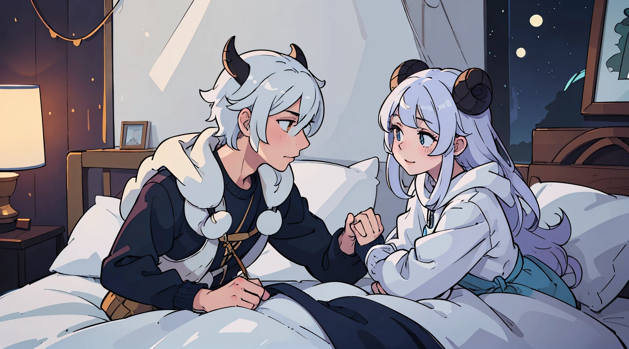 Perfect anime illustration, sheep horn，人形sheep horn男生和人形sheep horn在被窝里睡觉，bedroom，night，moon，male and female couple，cure，white sheep，One man and one woman，boy girl，Handsome boy with white hair，Girl sweet blonde hair