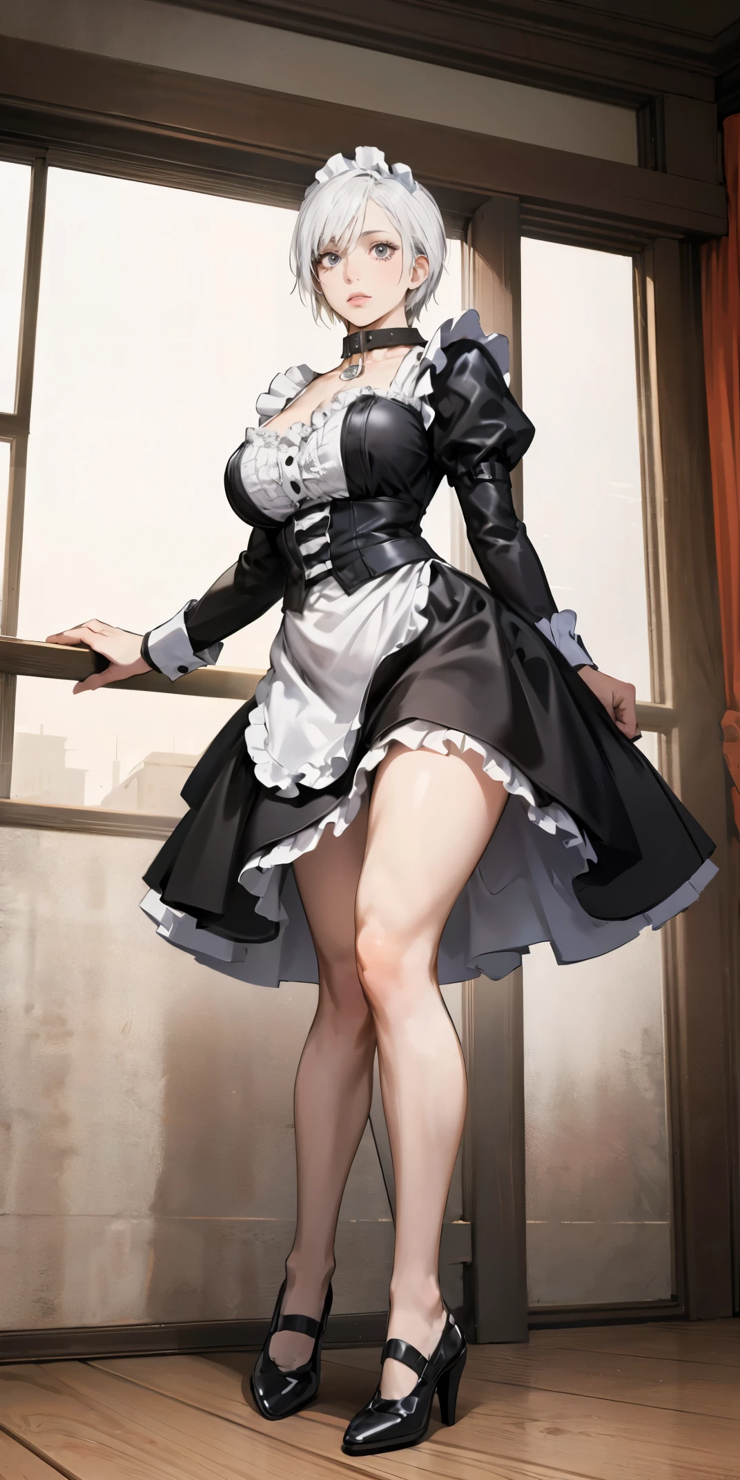 White hair , short hair, pinched eyes, (big-:1.5) , Thin legs, thin body, leather collar, Maid outfit victorian, dynamic pose, full body, View from below, wide hips, Kneeling
