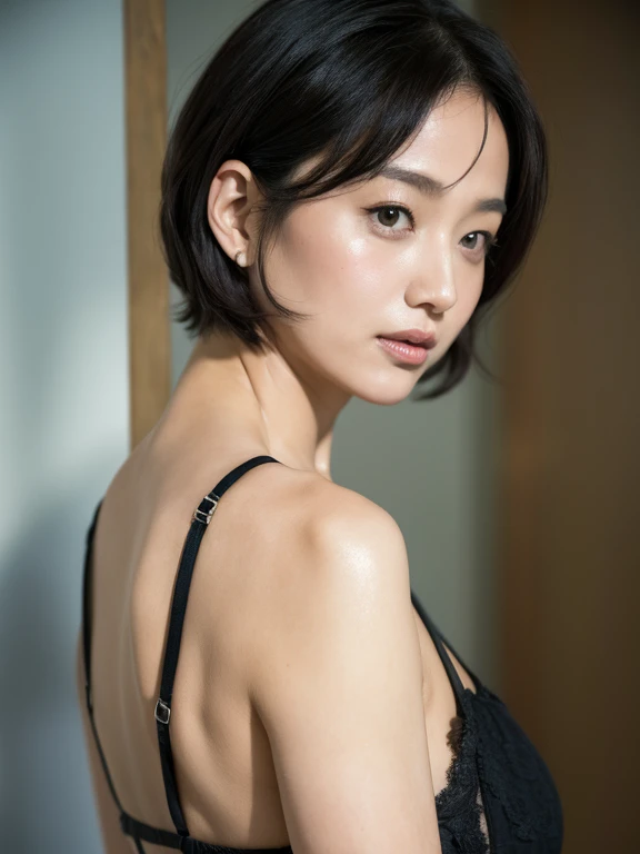 32 years old、short bob、black hair、H cup、High resolution、Black lingerie、clear、Lady、shyness、upward glance、sexy、Oku double、T-back、whole body