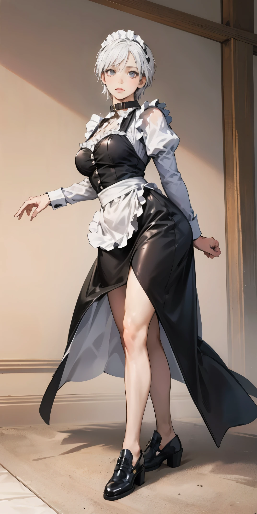 White hair , short hair, pinched eyes, (big-:1.5) , Thin legs, thin body, leather collar, Maid outfit victorian, dynamic pose, full body, View from below, wide hips, Kneeling