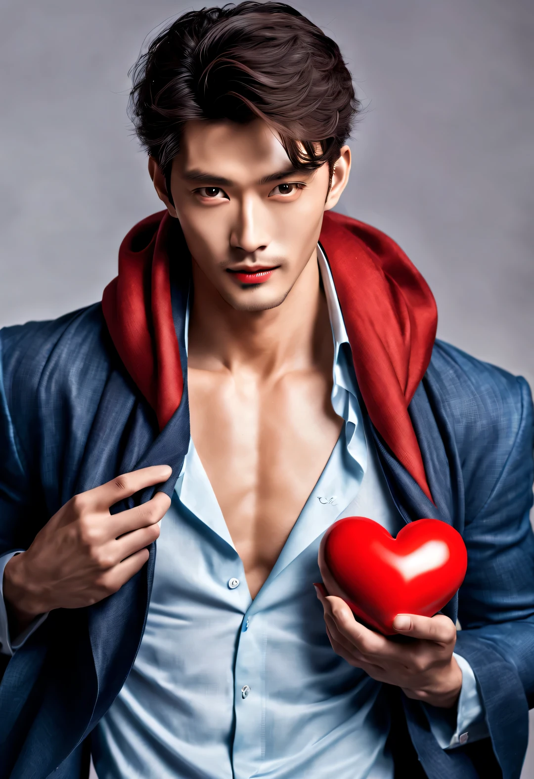 （male character design），（Very unified CG design），（whole body），（Chinese super handsome guy Pan An holds a red heart in his hand），（very long, Messy shawl hair：1.1）（Pan An wears blue jeans, modern and fashionable：0.8），（Toned muscles），（Fresh and toned abs），（Pan An’s skin is fair and flawless）Delicious food with red lips and white teeth，The bridge of his nose is high and straight，double eyelids, bright eyes, Clear, bright, big eyes），long eyelashes，gentle melancholy，He has a tall stature、Fit in size，Exquisite facial features，sad prince，Kingly style，Noble temperament，Inspired by actress Audrey Hepburn