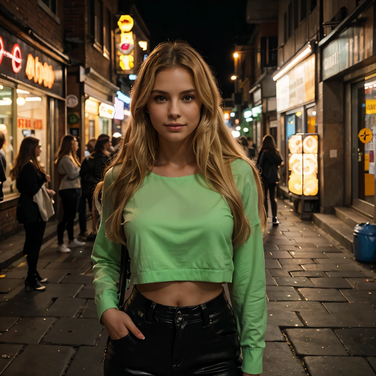 Create a highly realistic image of a blonde woman standing in a crowded alleyway. The woman should have long, wavy blonde hair that shines under the ambient street lighting. Her face is characterized by high cheekbones, a small, straight nose, and full lips with a subtle smile. Her eyes are a vibrant green, sparkling with life and reflecting the bustling energy around her. The skin should be fair with a natural, healthy glow. She is wearing a stylish yet casual outfit appropriate for a city setting. The crowded alleyway is filled with diverse people and neon signs, creating a lively urban atmosphere. The lighting is a mix of soft shadows and the warm glow of street lamps, focusing on her but also capturing the vibrancy of the city life around her