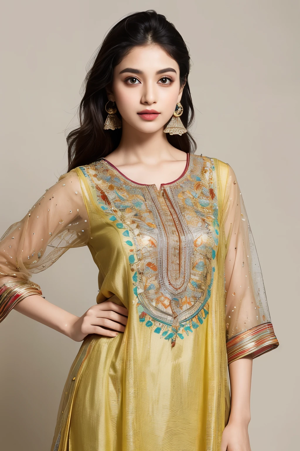 Top-notch, premium quality, high-definition, 4K photography captures the essence of an exquisite Indian girl wearing an elegant and intricately designed kurti. The image showcases the vibrant colors and intricate details of the garment, highlighting the beauty of Indian fashion. The stunning model radiates confidence and grace as she poses against a simple backdrop, allowing the viewer to fully appreciate her captivating presence. From the finest threads to the flawless embroidery, every aspect of the kurti is depicted with utmost precision, emphasizing its premium craftsmanship. This visually stunning photograph is a true masterpiece, showcasing the rich cultural heritage and timeless elegance of Indian attire.