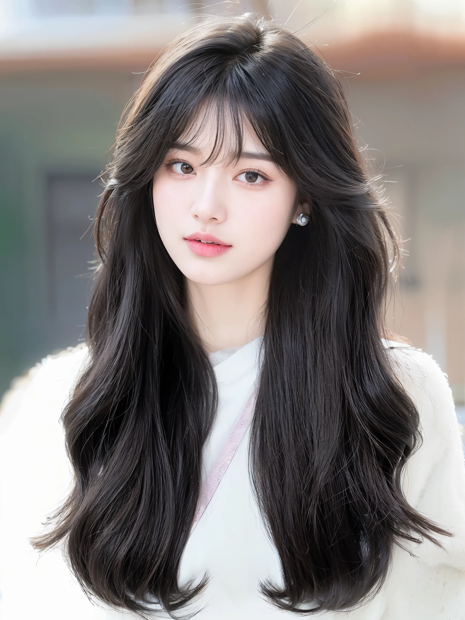 long black hair、Arafad woman in white top, she has black hair,Have bangs, Urzan, Portrait of Korean female idol, blackpink jisoo portrait, Fluffy bangs, Blackpink Josie's Portrait, korean girl, Kim Doyoung, cute korean face, beautiful korean woman, 年轻cute korean face, author:Zhang Chengye