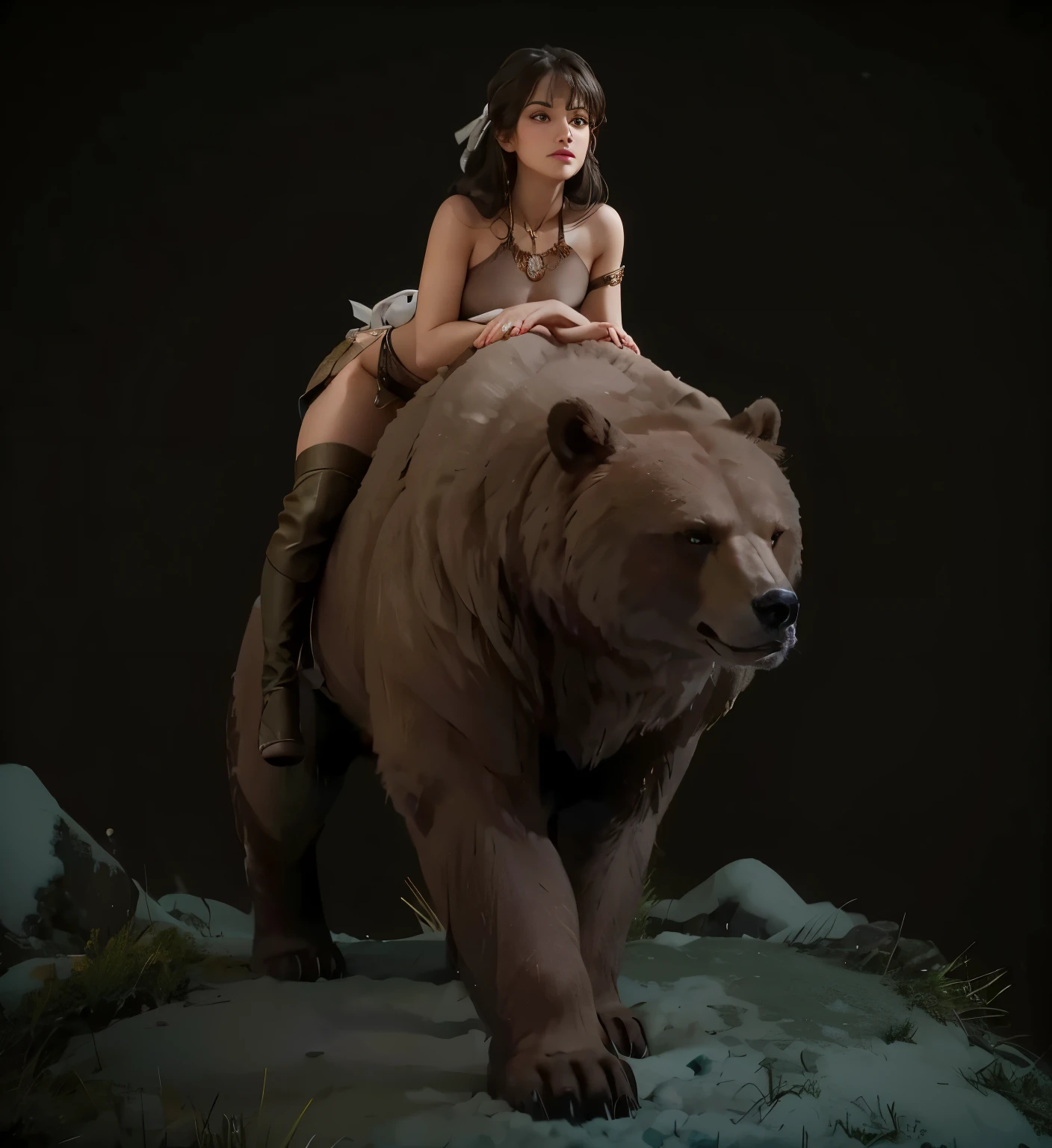 A, beautiful Russian woman model in a loin cloth and top, riding on the back of a standing bear in snow, snow, snowy mountain tree forest background, perfect female rider anatomy, four perfect bear legs, extreme detail, high resolution photo quality, 36k resolution