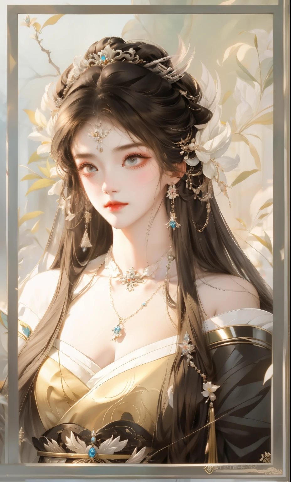 Close-up of a long-haired woman wearing a tija hat, ((beautiful fantasy queen)), beautiful fantasy queen, Inspired by Qiu Ying, Inspired by Lan Ying, beautiful figure painting, full body xianxia, Exquisite androgynous prince, anime goddess, Inspired by Huang Ji, Inspired by Tang Yifen, Inspired by Ma Yuanyu