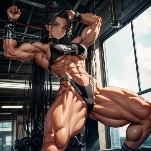 Best quality, ultra-detailed, and realistic: 1.37 image of a strong and muscular girl with a surprisingly virile appearance, showcasing sharp facial features and an intense gaze. Her toned body is a testament to her bodybuilder physique and athletic build, with impressive muscles defining every part of her powerful presence. Sweat glistens on her skin, highlighting her determined look and fit figure. Her defined abs and muscular definition in her back add to her striking presence, leaving a profound impact with her proud and assertive posture. The varied muscle groups in her arms and legs exude endless perseverance and inspiring confidence and determination. This mesmerizing aura is