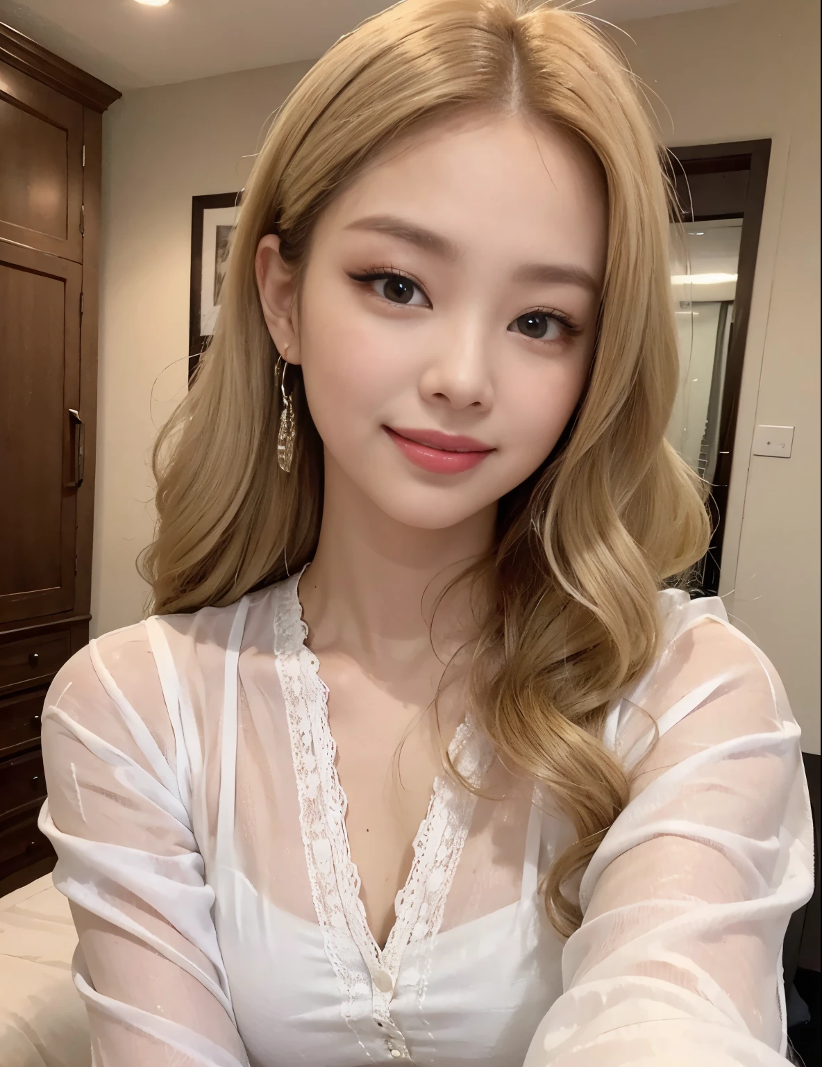 realistic girl with blonde hair, pretty woman, takes a selfie smiling, jennie kim, pretty lips, beautiful body,  white skin, selfie, pretty woman, jennie kim, jennie blackpink, casual dress, smile looking at the cell phone camera, beautiful hair, hair very curly, blonde hair curly on she, in you bedroom