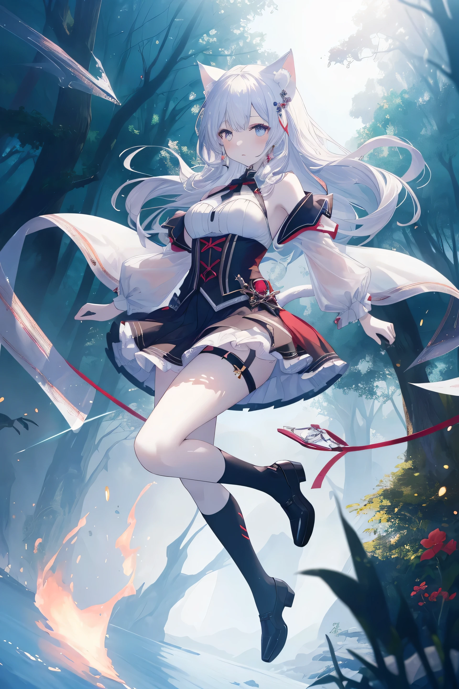 ((masterpiece, highest quality, 8K, High resolution:1.3)), whole body, 1 girl, Cat ear, white skin, medium breasts, pointed chest, magician, fantasy, weightless forest, skip