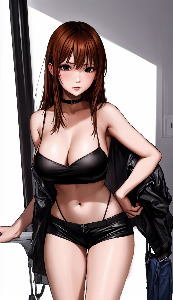 A beautiful adult woman with shoulder-length big breasts, beautiful legs, and a sharp face is standing with middle-aged men in suits on a crowded train wearing a black tube top that exposes her navel and hot pants shaped like black panties.。provoking a middle-aged man。