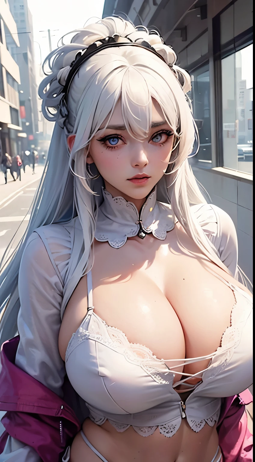 ((huge breasts)), (white hair, Colorful clothes, Look at the camera, big eyes, beautiful pupils), upper part of body, abdominal muscles